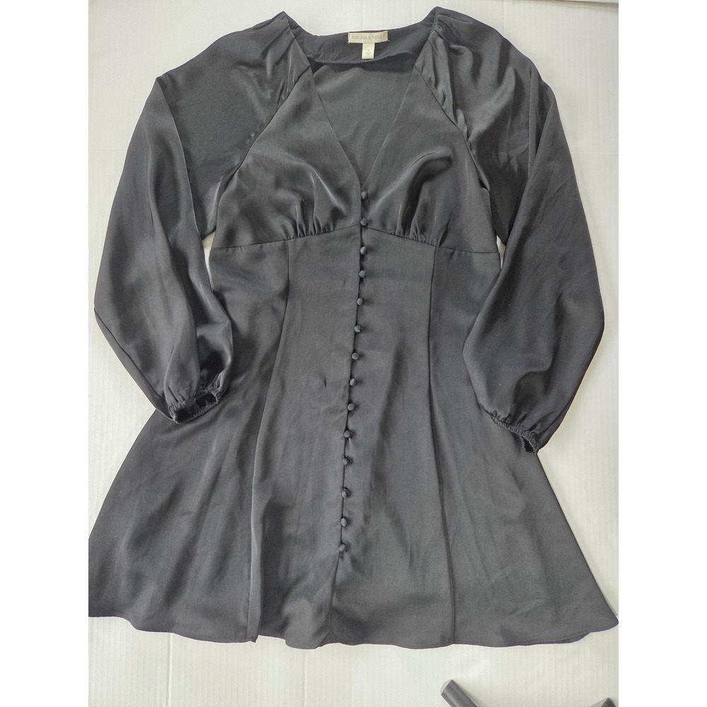 Chelsea & Violet Mini Dress Women 12 Black Satin Button Front V-Neck Long Sleeve